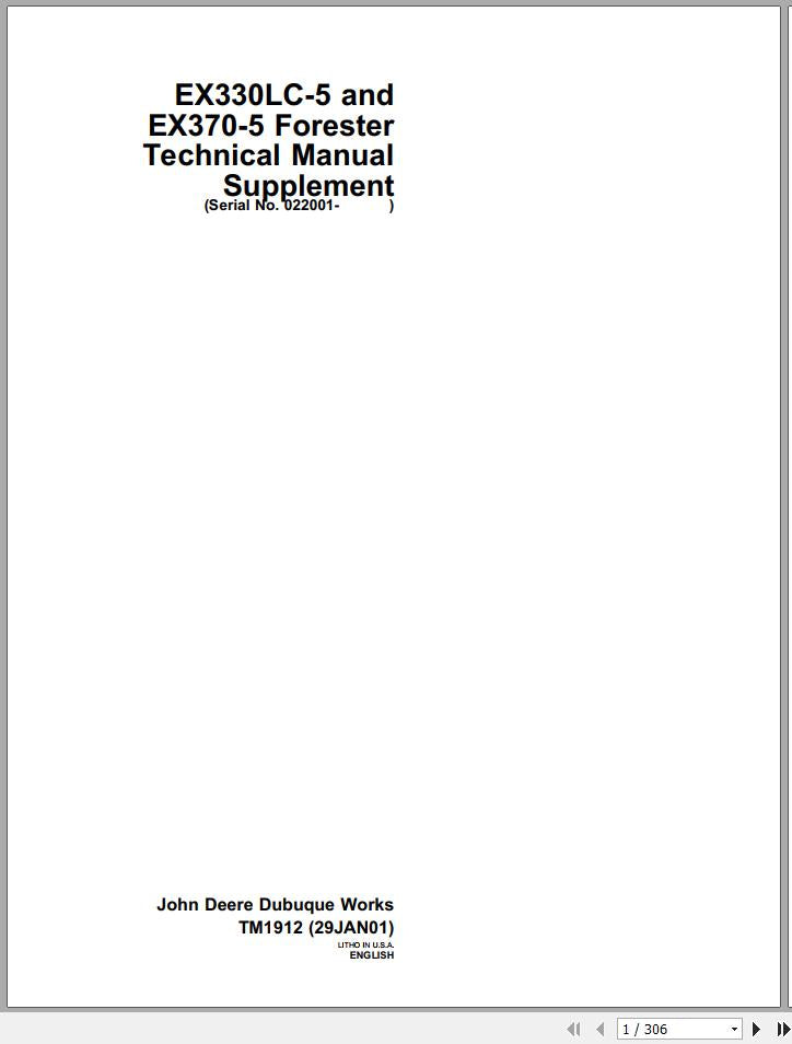 Cover page of the John Deere Forester Ex330LC-5 and EX370-5 Technical Repair Manual featuring the John Deere logo, the model numbers, and the designation of the manual as a 'TM1912 - PDF'.