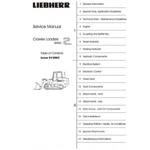 Table of contents for the Liebherr Crawler Loader Series 2 service manual, featuring various sections on engine, hydraulic system, electrical system, and more.