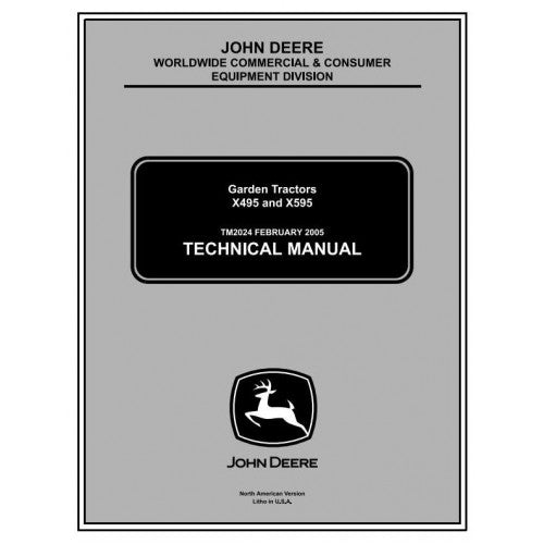 Cover of the John Deere X495, X595 Garden Tractor Technical Service Repair Manual TM2024, showing title and John Deere logo.