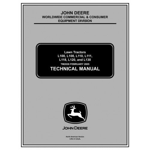 Cover page of the John Deere Lawn Tractors Technical Manual featuring the John Deere logo and a list of models covered.