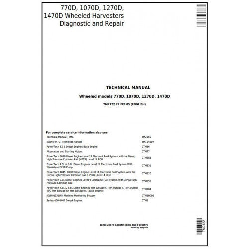 Cover page of the John Deere TIMBER JACK 770D, 1070D, 1270D, 1470D Harvester Diagnostic and Repair Manual, indicating the models covered and the service manual format.