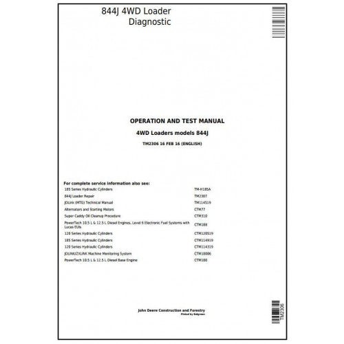 John Deere 844J 4WD Loader Operation, Maintenance & Diagnostic Test Service Manual TM2306 - PDF