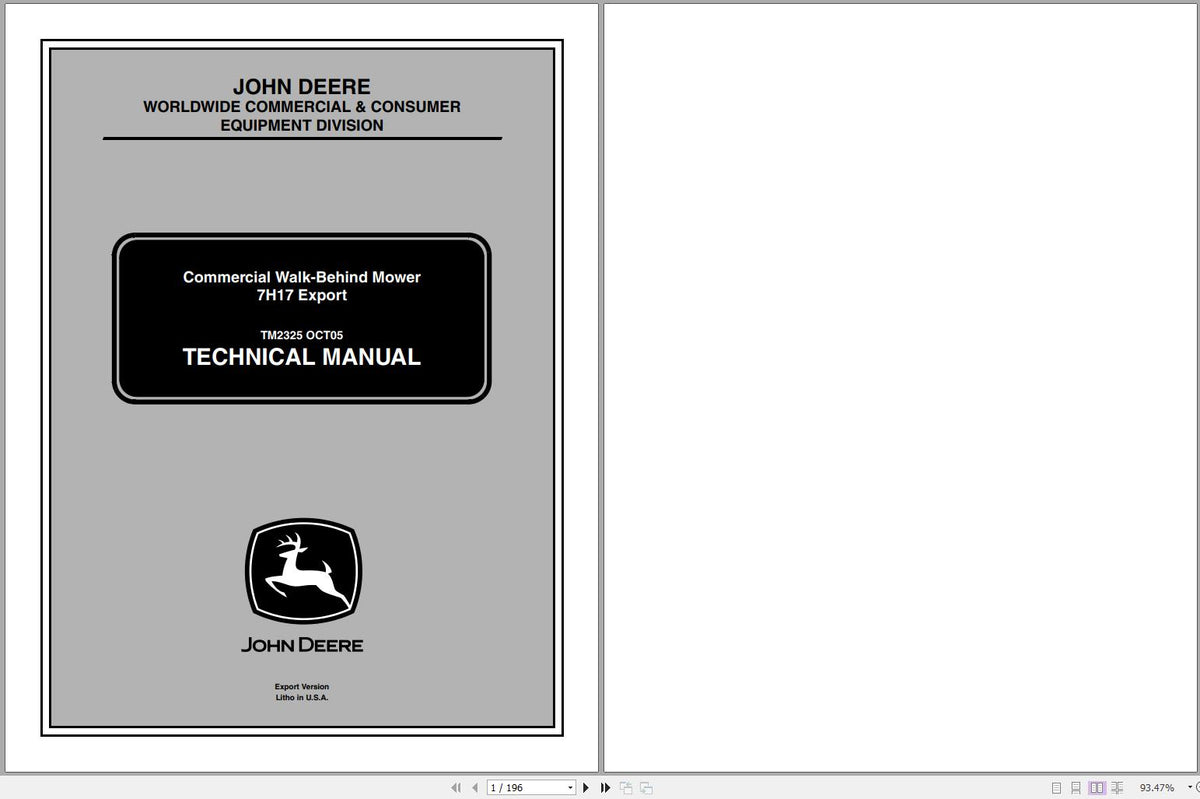 Cover pages of the John Deere Walk Behind Mowers 7H17 Technical Service Repair Manual TM2325 displaying title and John Deere logo.