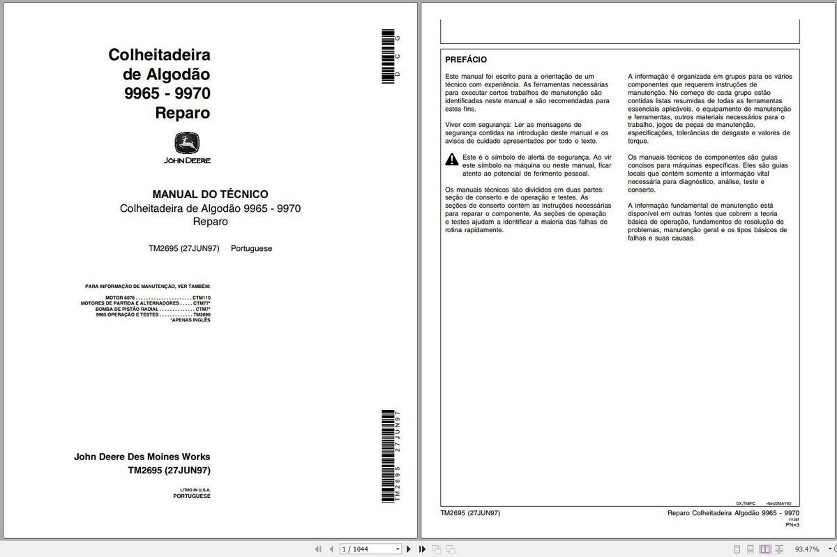 A page from a John Deere technical service repair manual for the Cotton 9965, 9970 model, showing the cover and a table of contents with various sections on maintenance and troubleshooting.