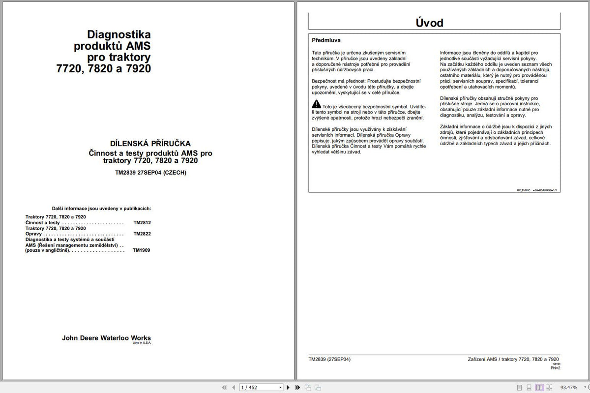 A page from the John Deere Tractor 7720, 7820, 7920 Technical Service Repair Manual showing the cover and a section on diagnostics.