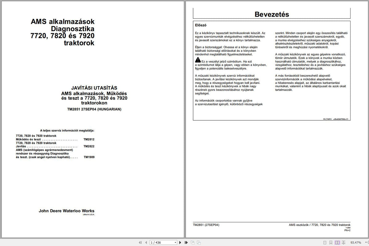 A page from the John Deere Tractor 7720, 7820, 7920 Technical Service Repair Manual showing the cover and a table of contents in Hungarian.