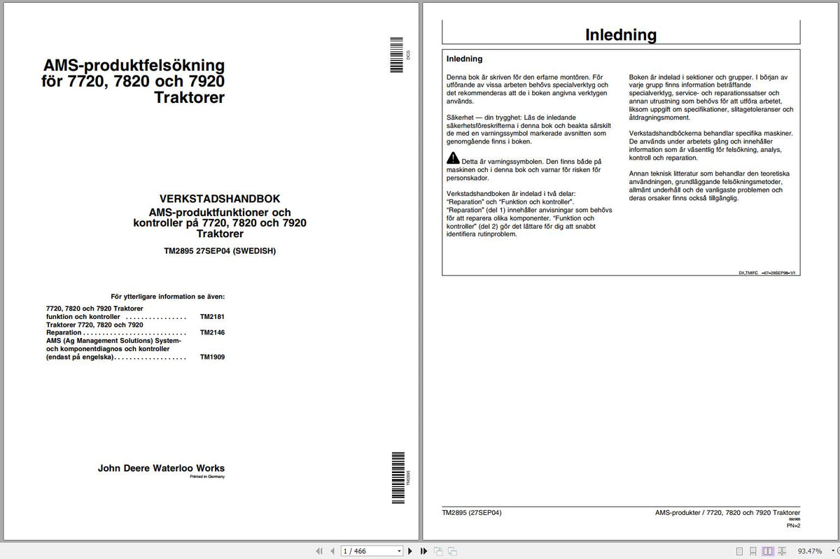 John Deere Tractor 7720, 7820, 7920 Technical Service Repair Manual TM2895 Swedish - PDF