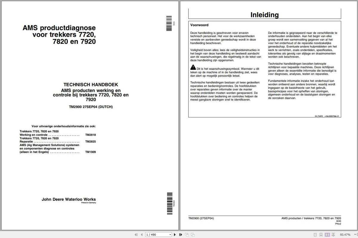 A page from the John Deere Tractor 7720, 7820, 7920 Technical Service Repair Manual showing title and table of contents.
