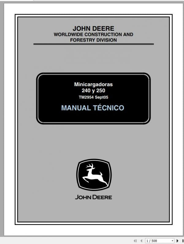 Cover of the John Deere Skid Steer Loader 240, 250 Technical Service Repair Manual featuring the John Deere logo and the text 'Mini Tractors' along with the model numbers.