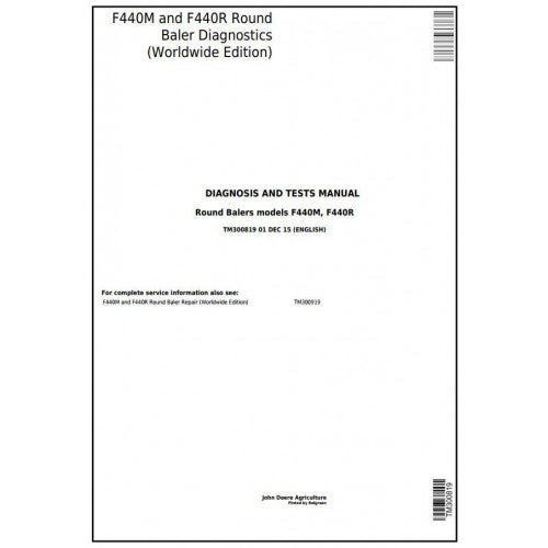 Cover page of the John Deere F440 and F440R Round Baler Diagnostic and Test Manual, indicating the model numbers and the fact that it is a 'Worldwide Edition'.