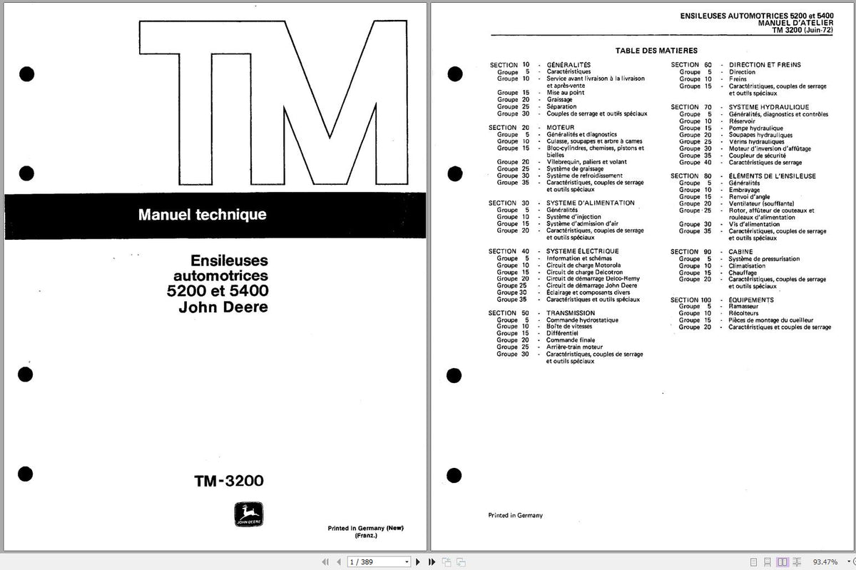 Cover page and inside view of a technical service repair manual for John Deere Forage Harvester 5200, 5400, showing table of contents and text.