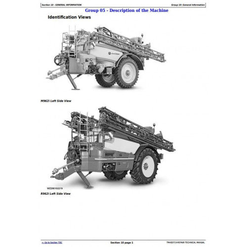 John Deere M944i, M952i, M962i, R944i, R952i, R962i Trailed Sprayer Technical Service Repair Manual TM403719 - PDF
