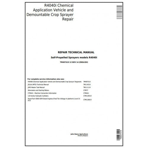 Cover page of the John Deere R4040i Self-Propelled Crop Sprayer Technical Service Repair Manual, indicating the model number and the PDF format.
