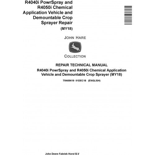Cover page of the John Deere R4040i Power Spray and Chemical Application with R4050i Demountable Crop Sprayer MY18 Technical Service Repair Manual, featuring the John Deere logo, product number R4040i, and the model's acronym R4050i.