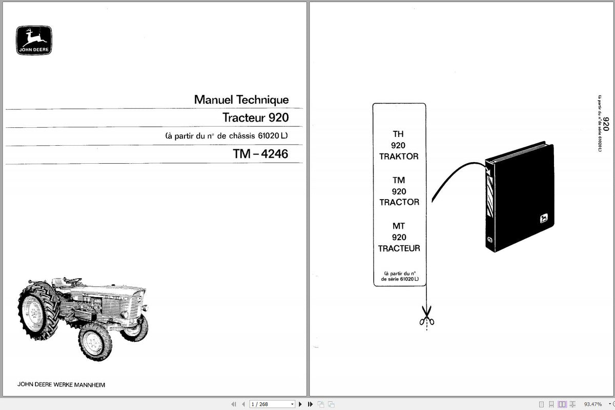 A page from the John Deere Tractor 920 Technical Service Repair Manual showing a diagram of the tractor and its components, with text in Spanish.