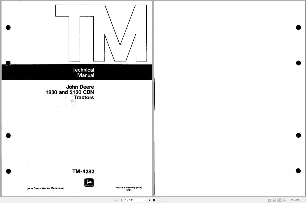 Cover page of the John Deere Tractors 1830, 2120 Technical Service Repair Manual featuring the John Deere logo, the model numbers 1830 and 2120, and the label 'TECHNICAL SERVICE REPAIR MANUAL'.