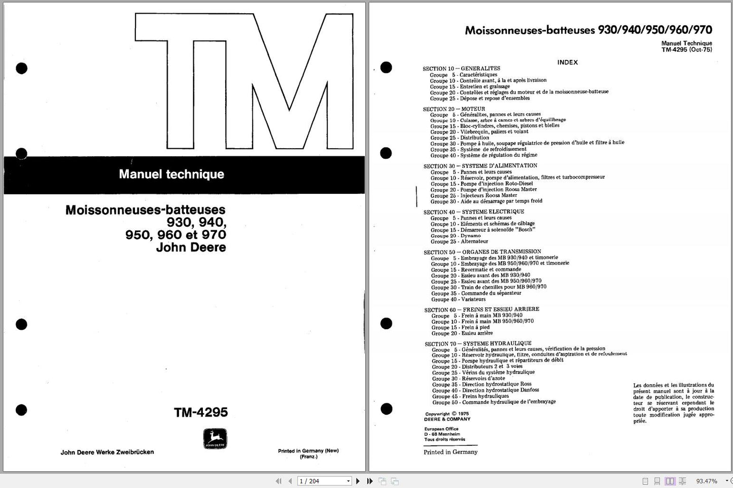 Cover page of the John Deere Combine Harvester technical service repair manual, showing the model numbers and the brand logo.