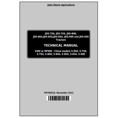 Cover page of the John Deere Technical Service Repair Manual for tractors, indicating the models covered.
