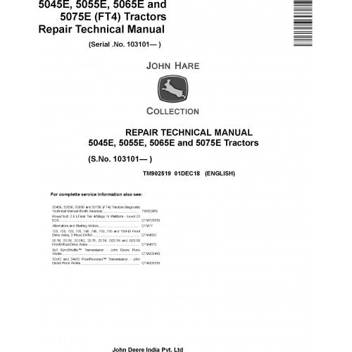 PDF of the John Deere 5045E, 5055E, 5065E, 5075E Tractor Technical Service Repair Manual TM902519