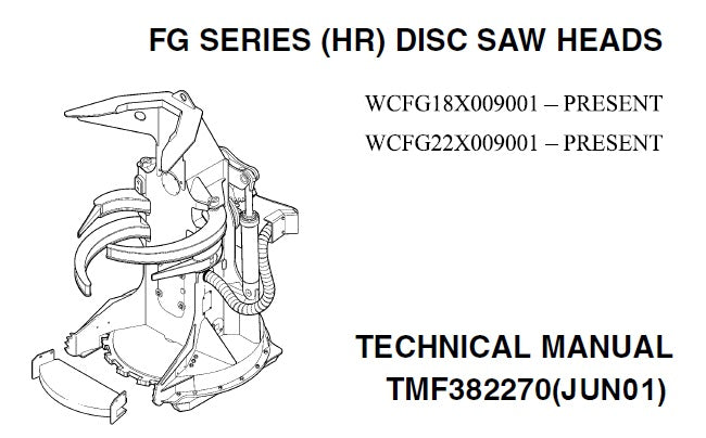 Cover page of the John Deere technical service repair manual for the FG Series HR Disc Saw Heads, featuring the model numbers FG18 and FG22, and the technical manual number TMF382270 Jun 01.