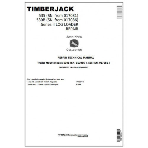 Cover page of the John Deere Timberjack trailer mount log loader service repair manual, indicating the model numbers and the PDF format.