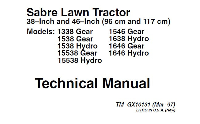 Cover page of the John Deere Sabre Lawn Tractor Technical Service Repair Manual featuring model numbers and the text 'TECHNICAL MANUAL'.
