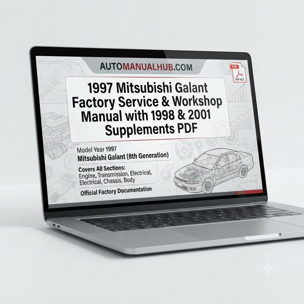 1997 Mitsubishi Galant Factory Service and Workshop Manual with 1998 and 2001 service supplements covering factory specifications, maintenance, repairs, and workshop procedures.
