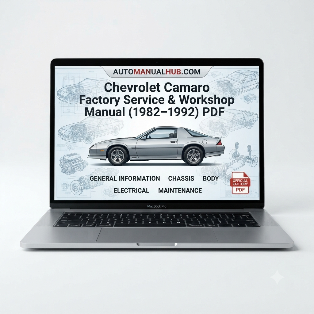Chevrolet Camaro Factory Service and Workshop Manual for 1982–1992 models covering engine, gearbox, differential, wiring diagrams, diagnostics, maintenance, repairs, and rebuild procedures.