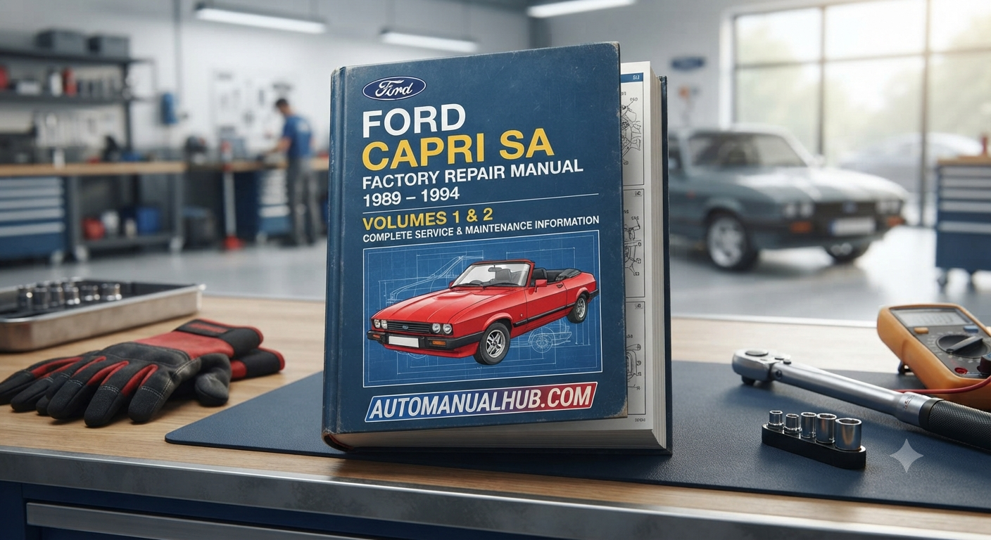 Ford Capri SA Factory Service and Workshop Manual for 1989–1994 Australian-built models with maintenance, repairs, wiring diagrams, diagnostics, and Mazda driveline manual information.