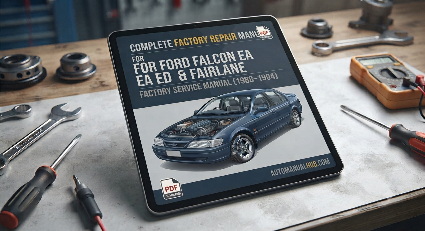 Ford Falcon EA EB ED and Fairlane NA NC DA DC Workshop Manual for 1988–1994 models covering engine, gearbox, differential, suspension, steering, brakes, body panels and interior components.