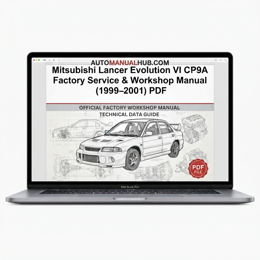 Mitsubishi Lancer Evolution VI CP9A Factory Service and Workshop Manual for 1999–2001 models with factory specifications, repair procedures, maintenance information, and technical service data.