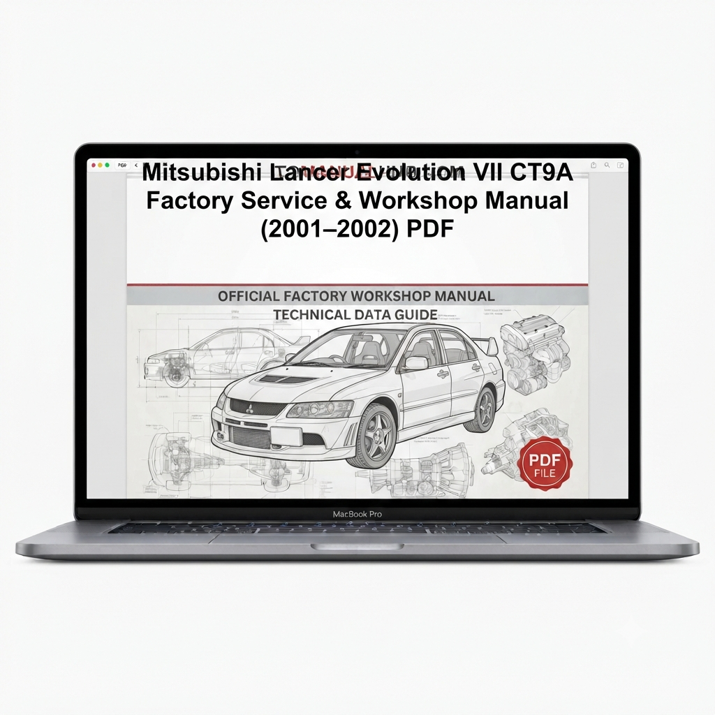 Mitsubishi Lancer Evolution VII CT9A Factory Service and Workshop Manual for 2001–2002 models with factory specifications, repair procedures, maintenance information, and technical service data.