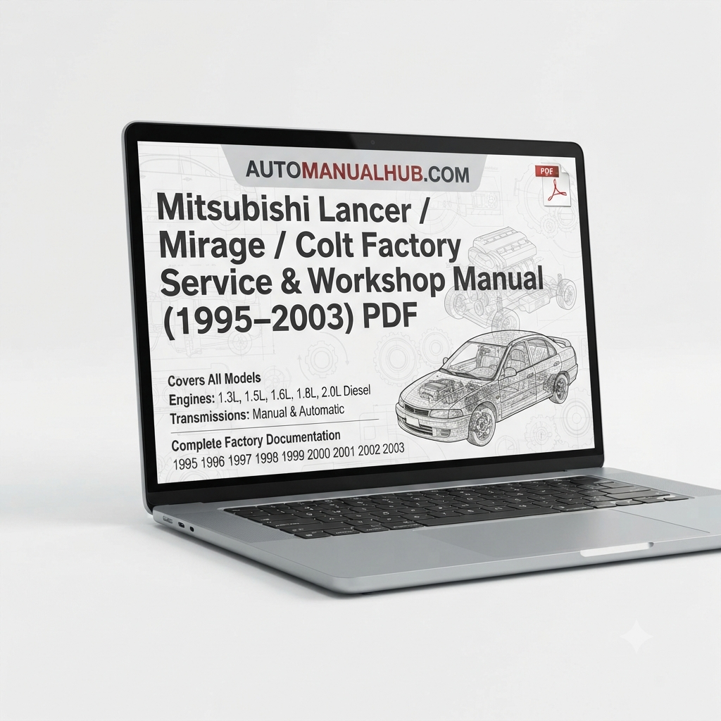 Mitsubishi Lancer, Mirage and Colt Factory Service and Workshop Manual for 1995–2003 models covering engine, gearbox, suspension, electrical systems, diagnostics, maintenance, repairs, and rebuild procedures.
