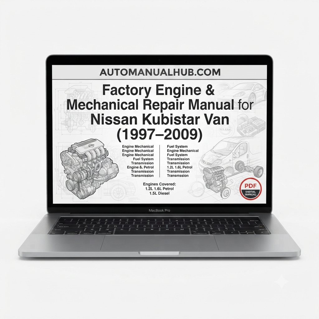 Nissan Kubistar Van Factory Service Manual for 1997–2009 models covering engine repairs, mechanical components, maintenance, servicing and rebuild procedures.