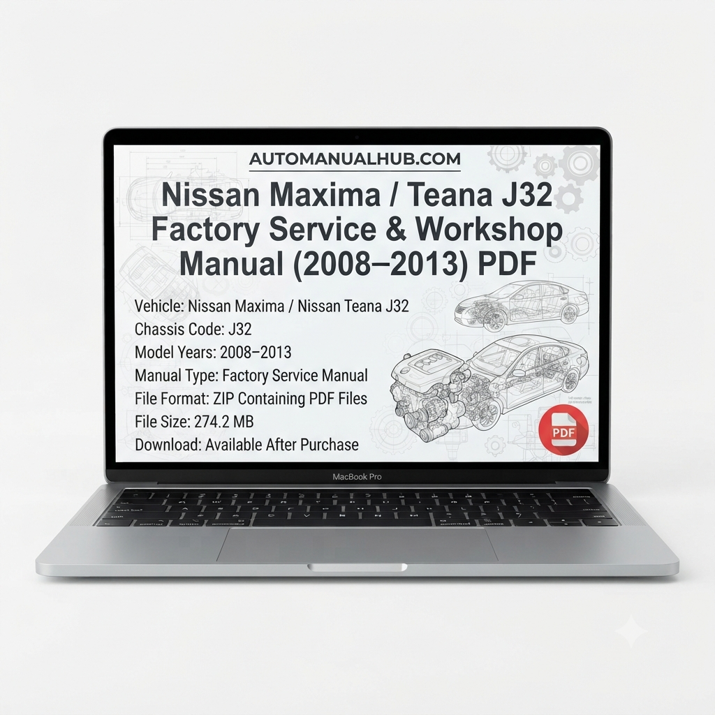 Factory Service and Workshop Manual for Nissan Maxima and Teana J32 (2008–2013) covering repairs, maintenance, wiring diagrams, diagnostics and rebuild procedures.