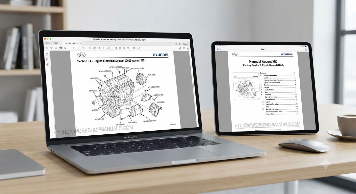 Hyundai Accent MC Factory Service and Repair Manual covering model years 2005 to 2011 with maintenance procedures, wiring diagrams, diagnostics, and workshop repair information.