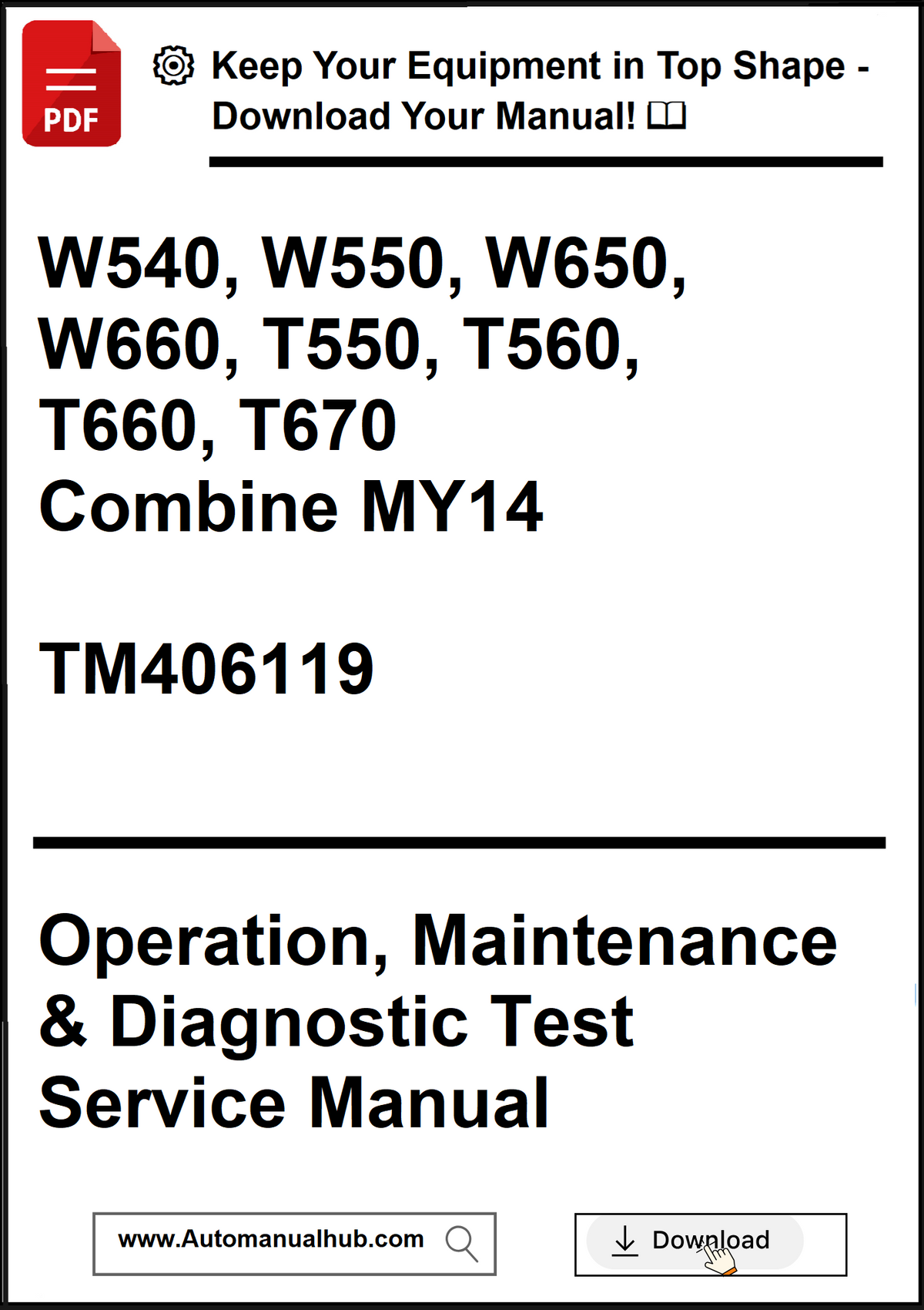 Manual cover for agricultural equipment with text and a download button.