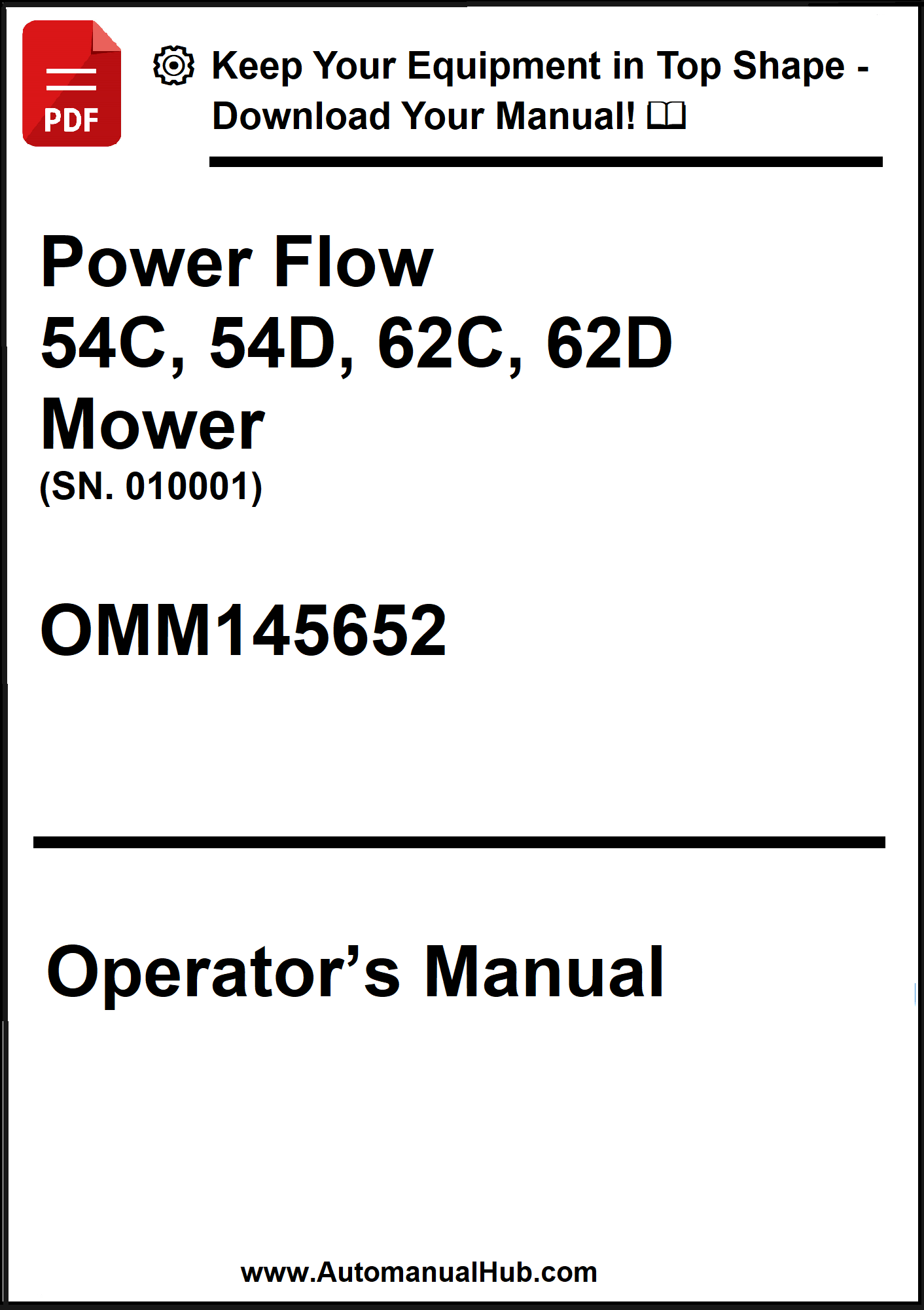 Operator's manual for Power Flow mower models 54C, 54D, 62C, 62D with a download prompt.