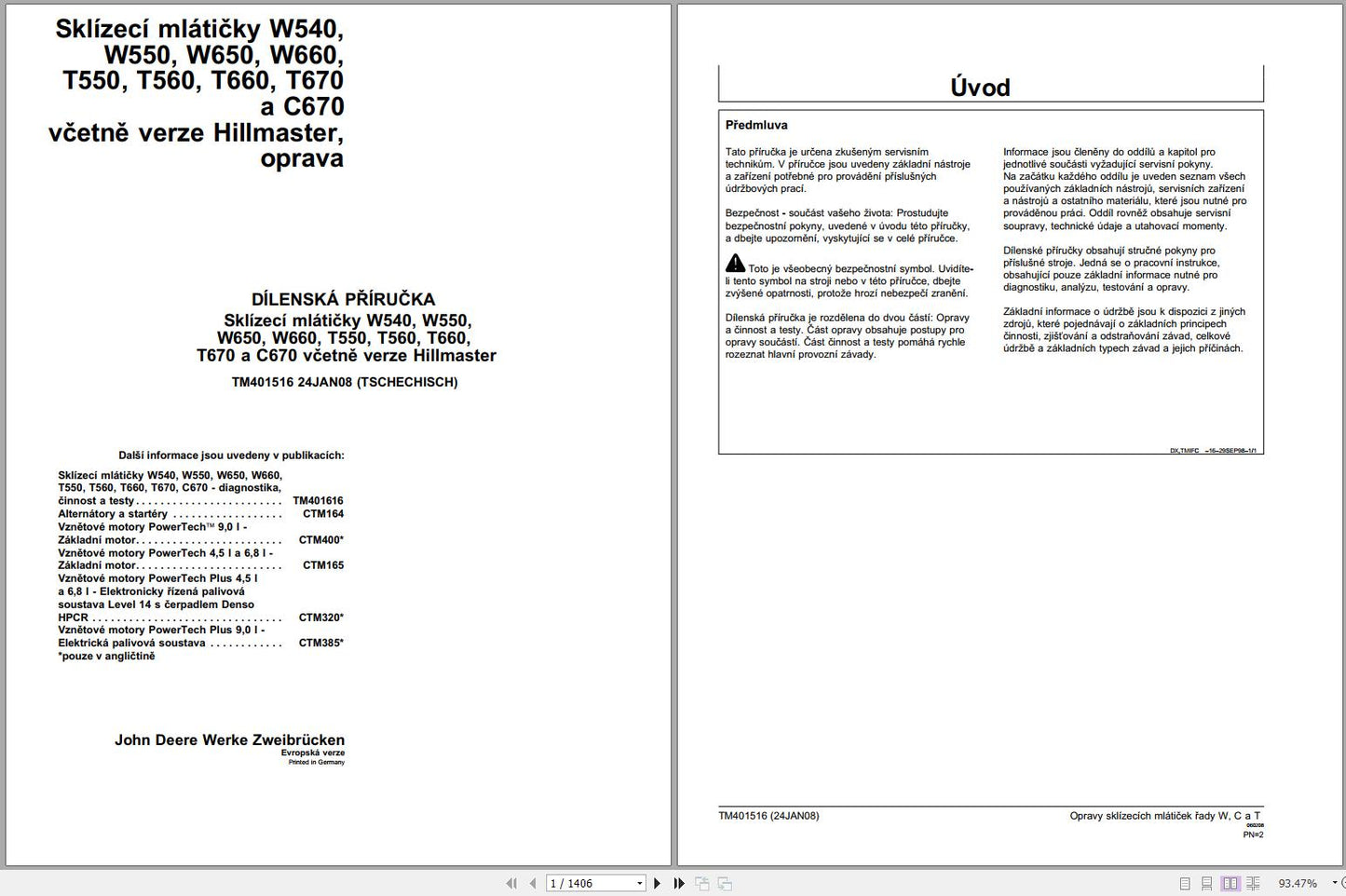 A page from the John Deere Combine Harvester W540, T670-C670 Tschechisch Workshop Service Repair Manual showing model diagrams and text.