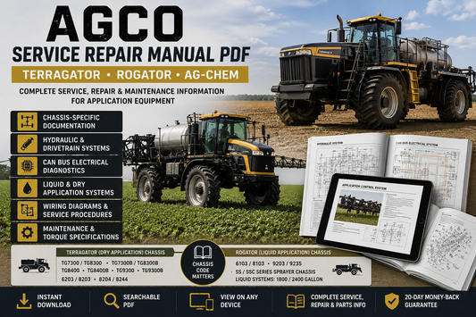 AGCO TerraGator and RoGator service repair manual guide showing chassis-specific hydraulics, CAN bus electrical systems, application controls, wiring diagrams, and maintenance documentation Automanualhub.com