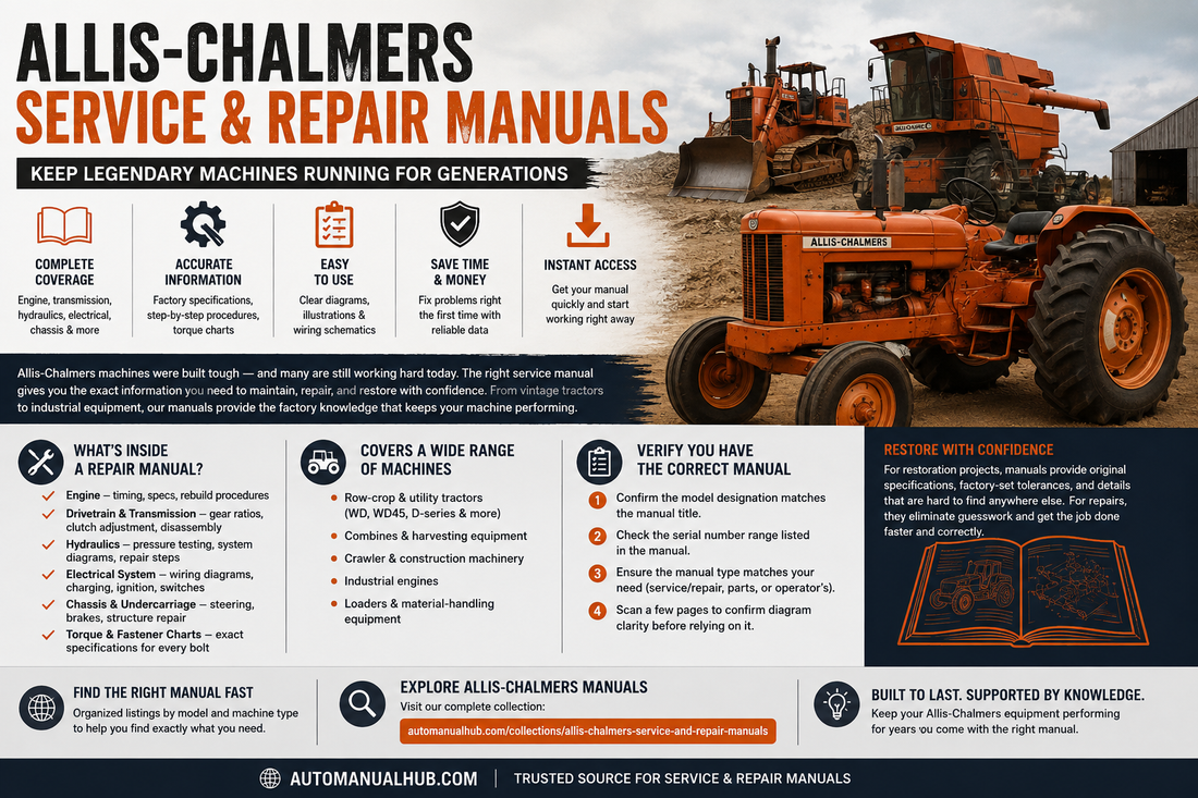 Allis-Chalmers service and repair manuals for tractors, construction equipment, engines, and industrial machines