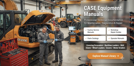 CASE service and repair manuals displayed in a modern equipment workshop with technicians using digital technical documentation