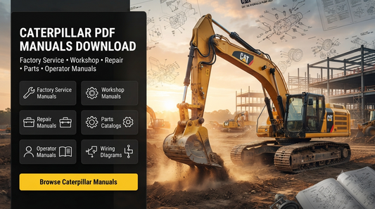 Technician using a Caterpillar factory service manual while maintaining heavy construction equipment