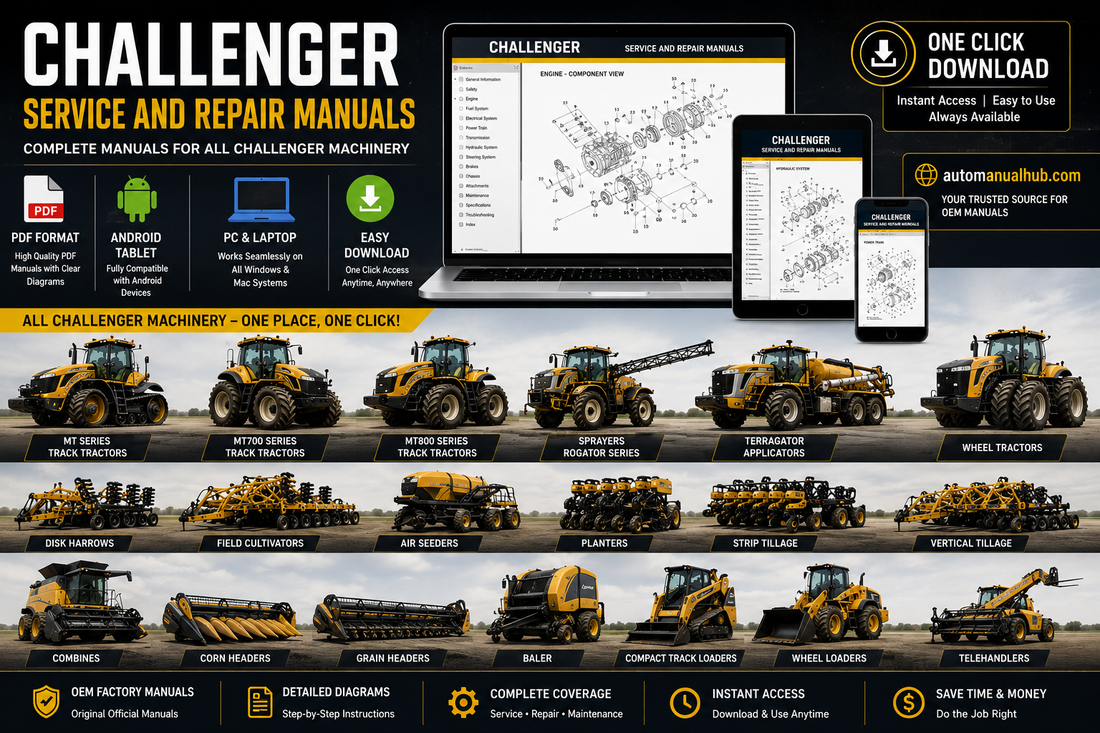 Challenger service repair workshop and parts manuals displayed on laptop tablet and smartphone with agricultural equipment for professional PDF technical documentation