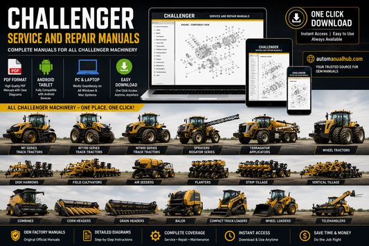 Challenger service repair workshop and parts manuals displayed on laptop tablet and smartphone with agricultural equipment for professional PDF technical documentation