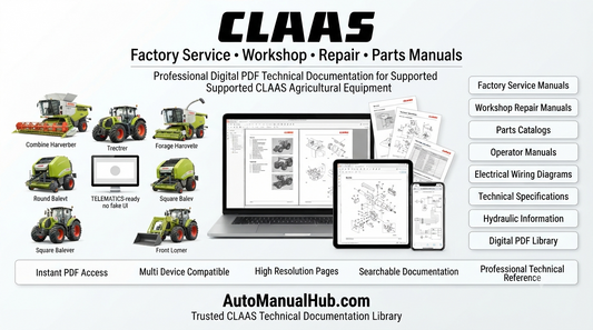 CLAAS factory service workshop repair and parts manuals displayed on laptop tablet and smartphone with agricultural equipment and digital PDF documentation
