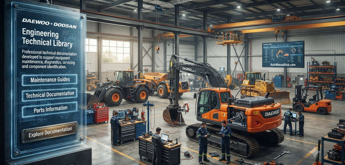 Heavy Daewoo and Doosan construction equipment inside a professional maintenance workshop with technical documentation