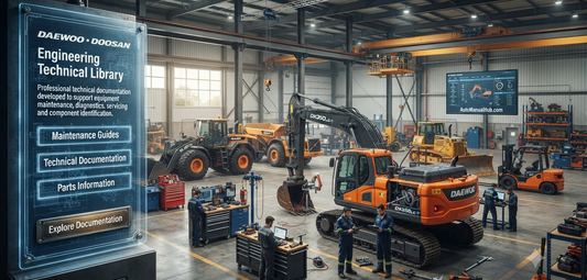 Heavy Daewoo and Doosan construction equipment inside a professional maintenance workshop with technical documentation