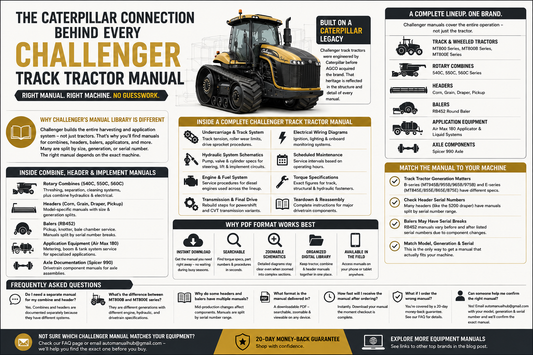 Challenger track tractor manual guide showing Caterpillar engineering heritage, MT-series tractors, combines, headers, balers, implement manuals, service manual contents, machine matching tips, and PDF benefits.