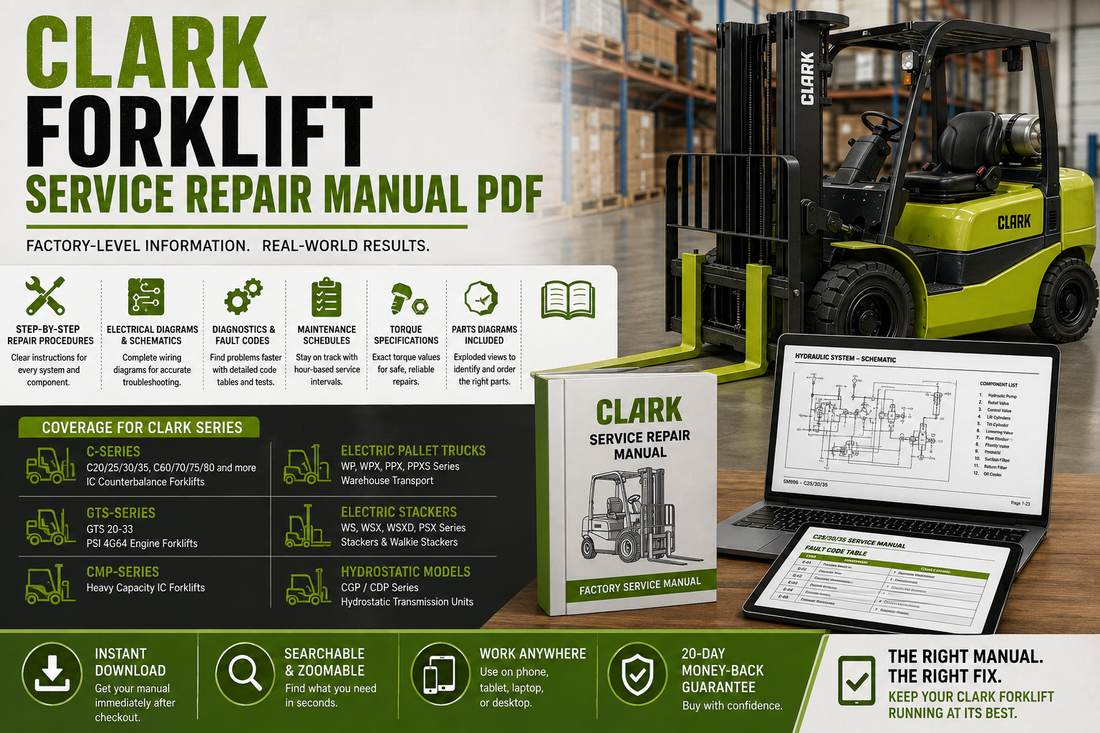 Clark forklift service repair manual PDF with maintenance schedules, electrical diagrams, diagnostics, torque specifications and parts information